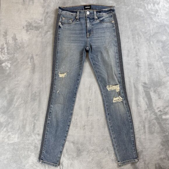HUDSON Women's Size 26 Distressed Nico Midrise Sparkle Side Panel Skinny Jeans - Picture 1 of 9